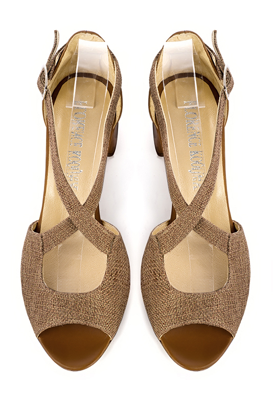 Caramel brown women's closed back sandals, with crossed straps. Round toe. Low flare heels. Top view - Florence KOOIJMAN
